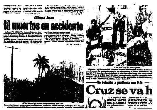 LaPrensa, April 9, 1981: Headline, "Cruz." Above are two unrelated photos of victims of violence (genuine), with arms outstretched. To the left is an unrelated photo, a retouched composite, with a cross on the top of a hill and, in the caption, the expression, "our long-sufferring Nicaragua."