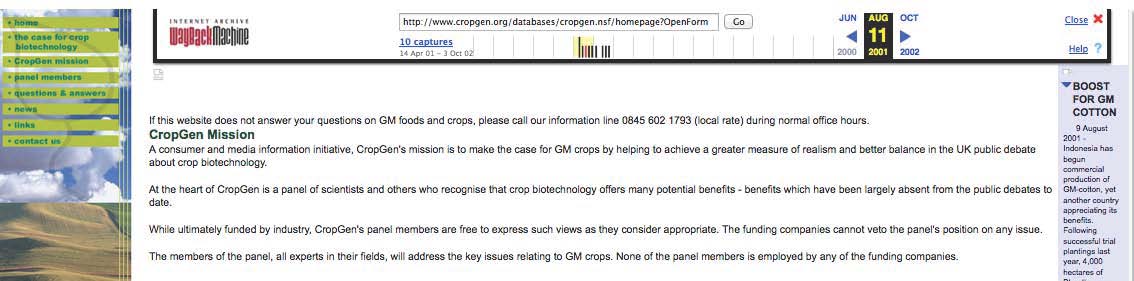 CropGen website home page 11 July 2001, retrieved from web archive 6 Apr 2013