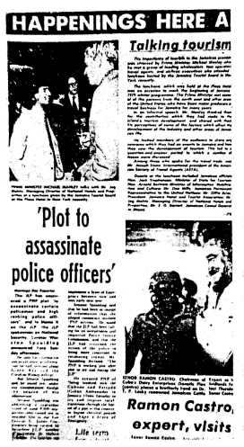 Daily Gleaner, November 13, 1979: Photo of Prime Minister Michael Manley at a social event is directly above a story entitled "Plot to Assassinate Police Officers."