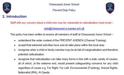 screengrab: Chesswood Junior School ‘Prevent Duty Policy’ presentation, introduction