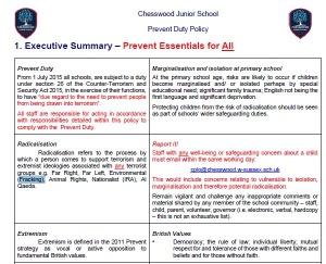 screengrab: Chesswood Junior School ‘Prevent Duty Policy’ presentation, executive summary