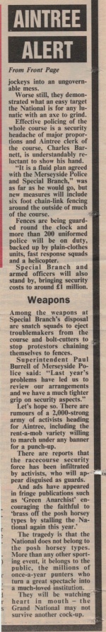 A contemporary newspaper article on Merseyside Police and Special Branch preparations for 1994 Grand National protests (part 2).