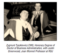 Corporate lobbyist Zygmunt Tyszkiewicz formerly of UNICE receiving his honorary Degree at Robert Gordon University in December 2000.  Behind him is Justin Greenwood whose academic specialism is 'EU interest representation' or lobbying.