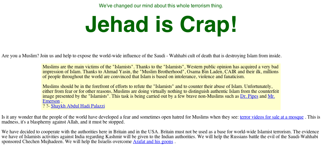 Screengrab of the Islamic News website from September 2002 with the 'Jehad is Crap!' message, retrieved from the Internet Archive[2]