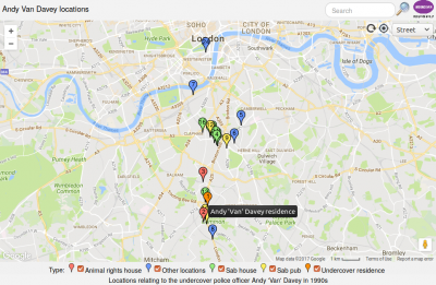 Map of locations connected to Andy 'Van' Davey during his time undercover.